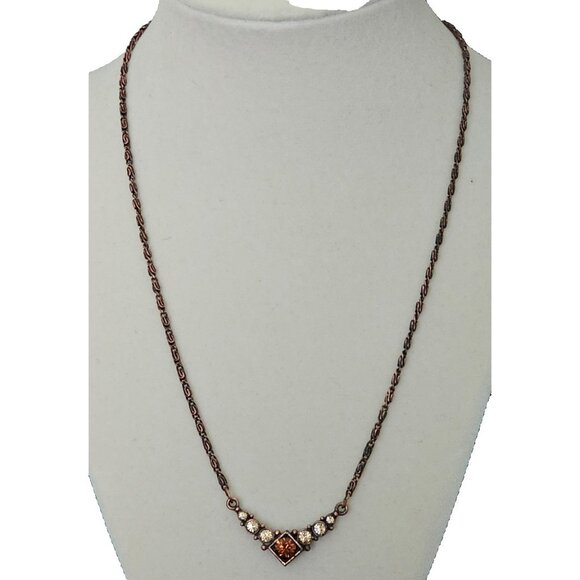 1928 Jewelry, Copper Tone Chevron Bar Pendant Necklace w/ Rhinestones 20" Chain - Picture 2 of 6